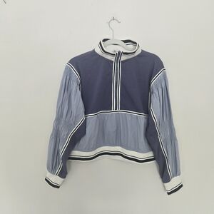 Daily Practice Anthropologie Blue and White puff sleeve half-zip pullover Small